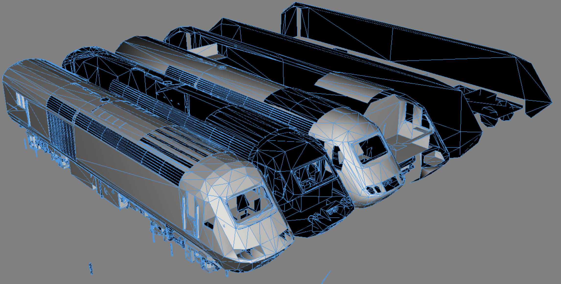 Screenshot of an array of untextured 3D models of a train, lined up in a row.