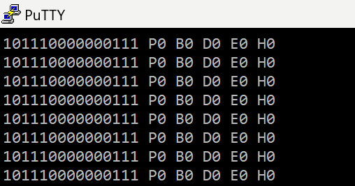 Cropped screenshot of a PuTTY terminal window, showing a binary pattern followed by the string 'P0 B0 D0 E0 H0' on one line, and that line repeated 7 additional times