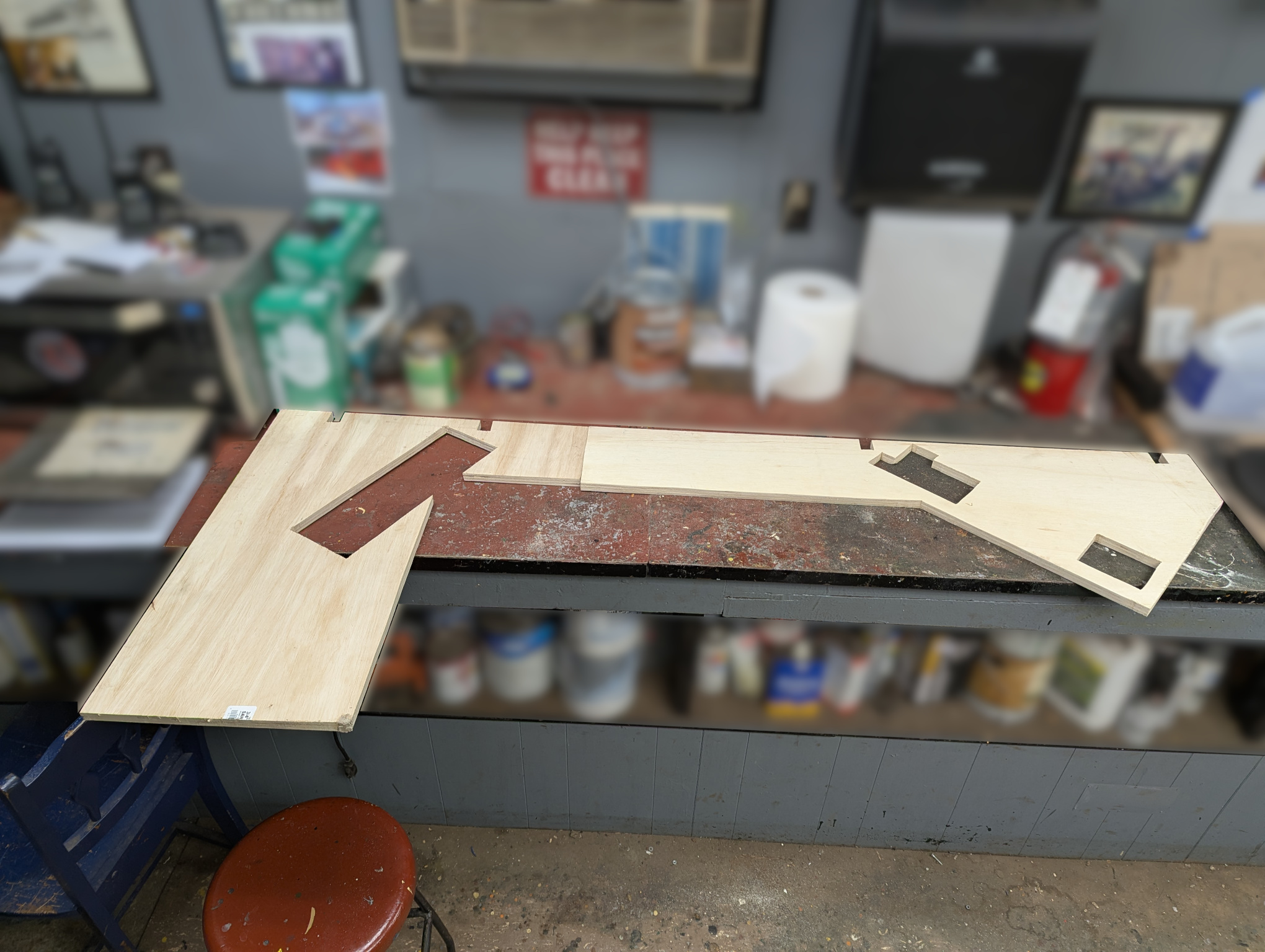 The two halves of the plywood table, shortly after being cut