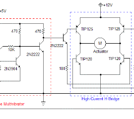 Schematic for the actuator circuit that controlled the room lights. Asserting and holding the lights-on or lights-off signal would momentarily switch the lights to that state.