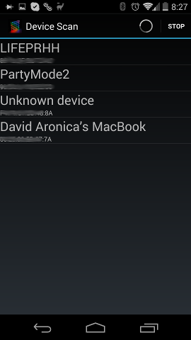 Bluetooth device selection screen in the Android app. AT commands were used to change the Bluetooth serial module's name and passcode, so it appears as "PartyMode2" in this list.