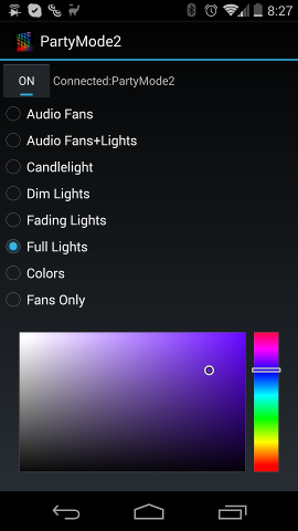 Main PartyMode 2 control screen in the Android app. The mode can be selected by touching an option, the system can be powered on or put into standby, and a solid color may be chosen for all LEDs.